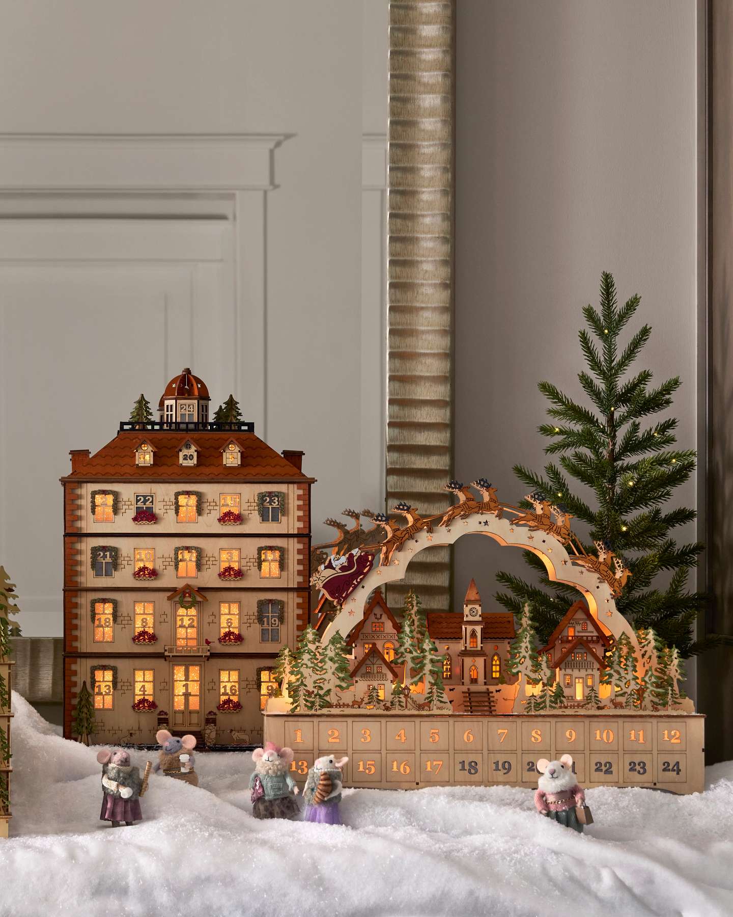 Balsam Hill Lit Wooden Santa Express Advent Calendar Styled on Tabletop