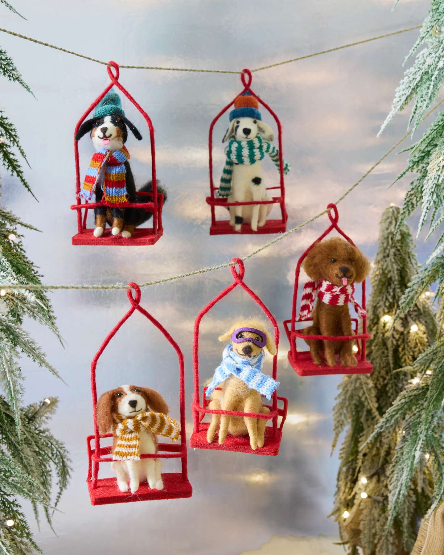 Balsam Hill Alpine Adventure Dogs Felt Ornaments Set of 5 Closeup