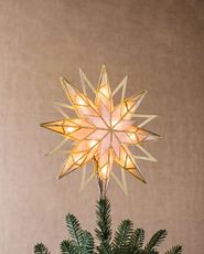 Lit double-sided topper on top of a Christmas tree