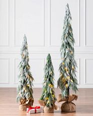 A group of snowy trees with downswept branches and a burlap sack base