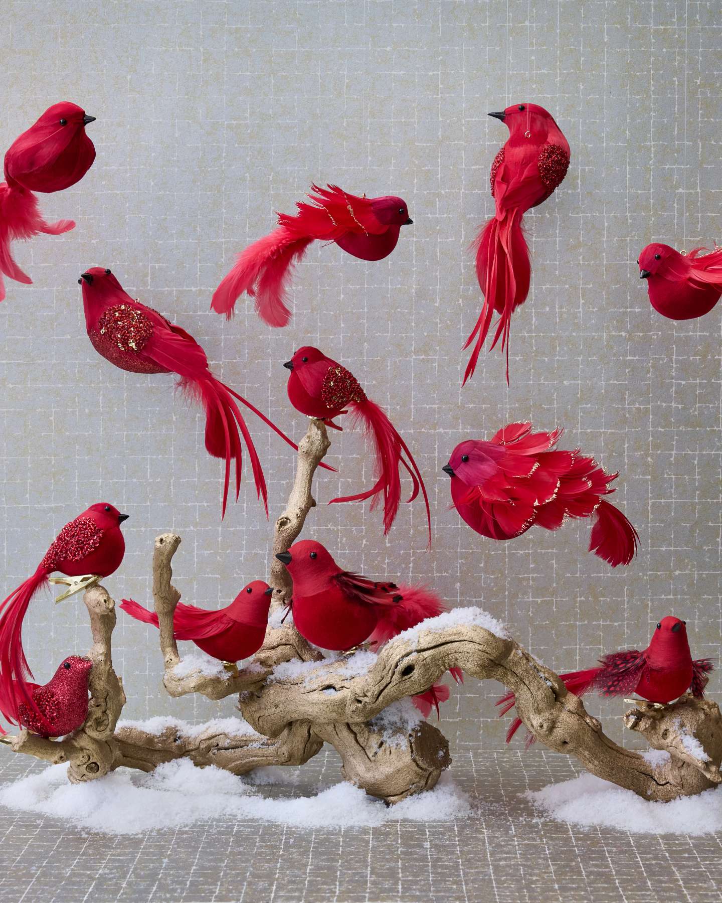 Balsam Hill Red Feathered Flock Christmas Ornament Set of 12 Detailed View