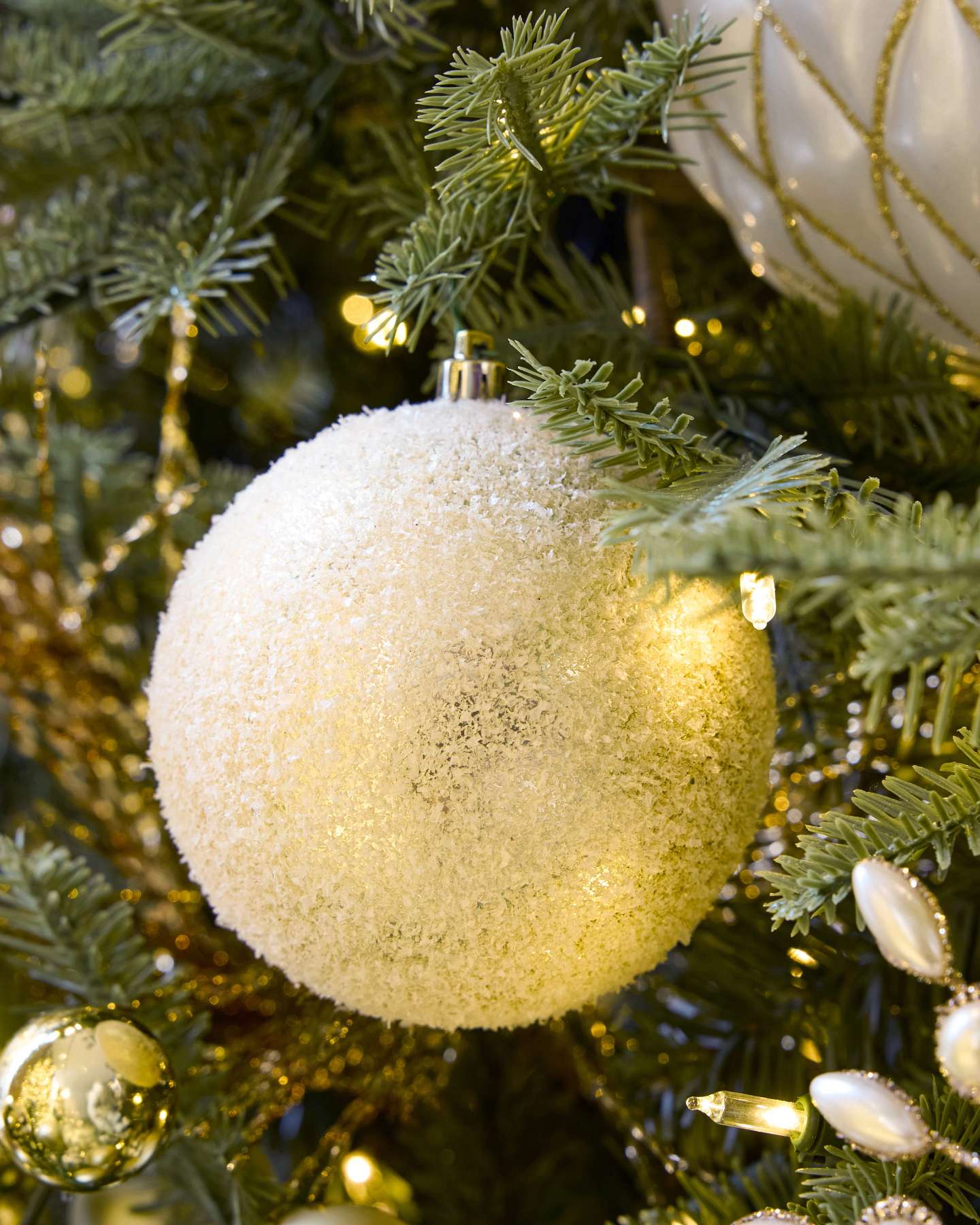 Balsam Hill Golden Grandeur Artificial Christmas Ornament Set of 40 on Decorated Tree