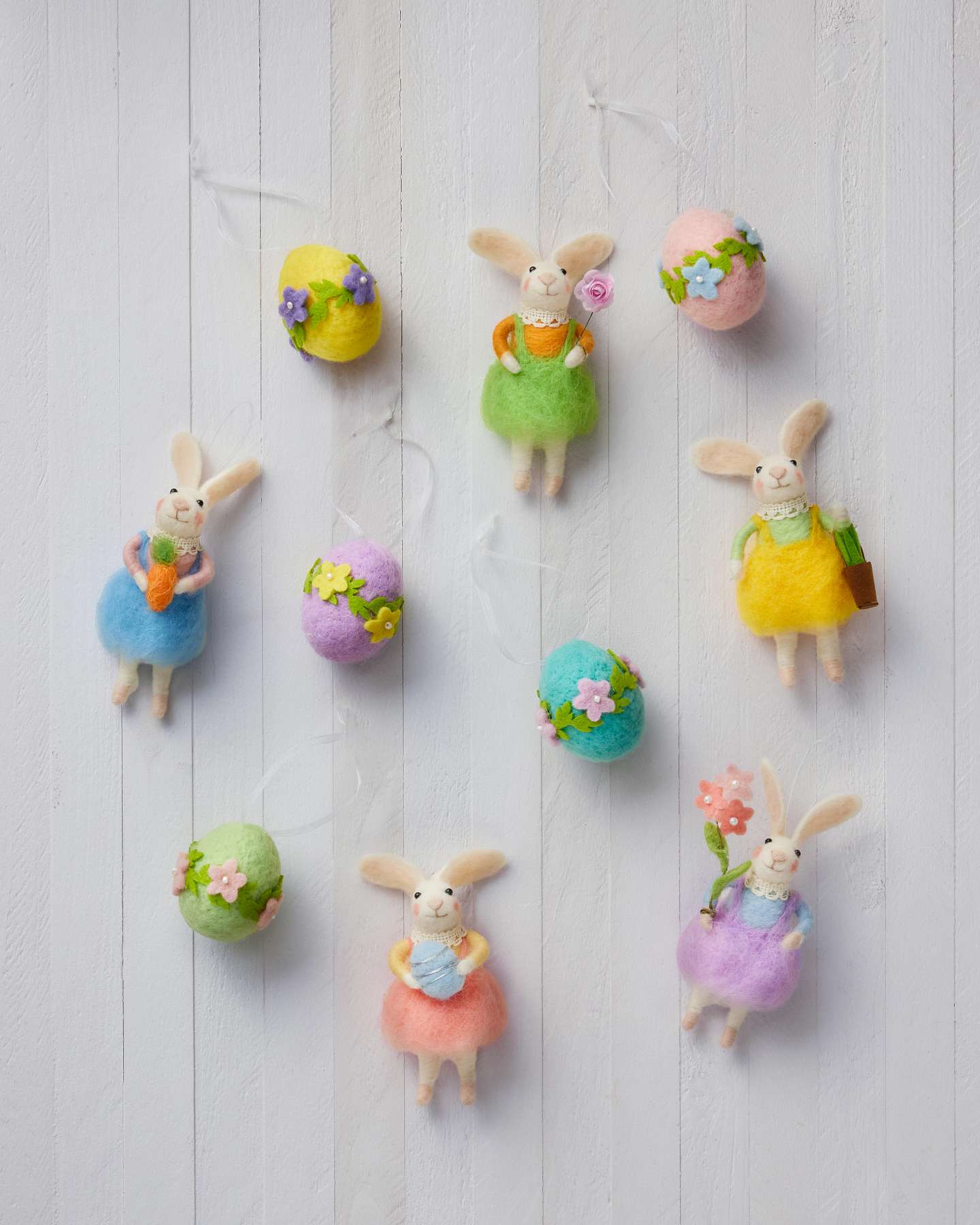 Balsam Hill Bunnies and Blooms Felt Christmas Ornament Set of 10 Full Display