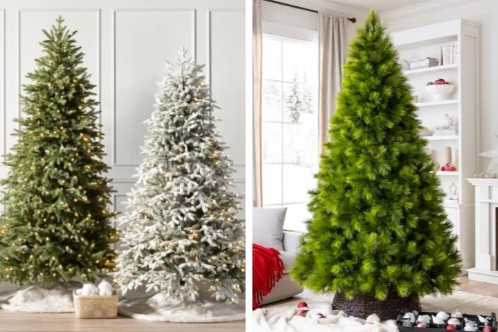 A collage featuring different types of Balsam Hill realistic artificial Christmas trees