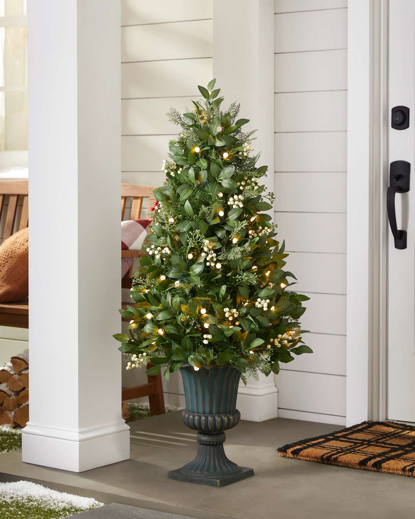 Balsam Hill 4ft Outdoor White Berry Cypress Potted Tree Styled Close-Up