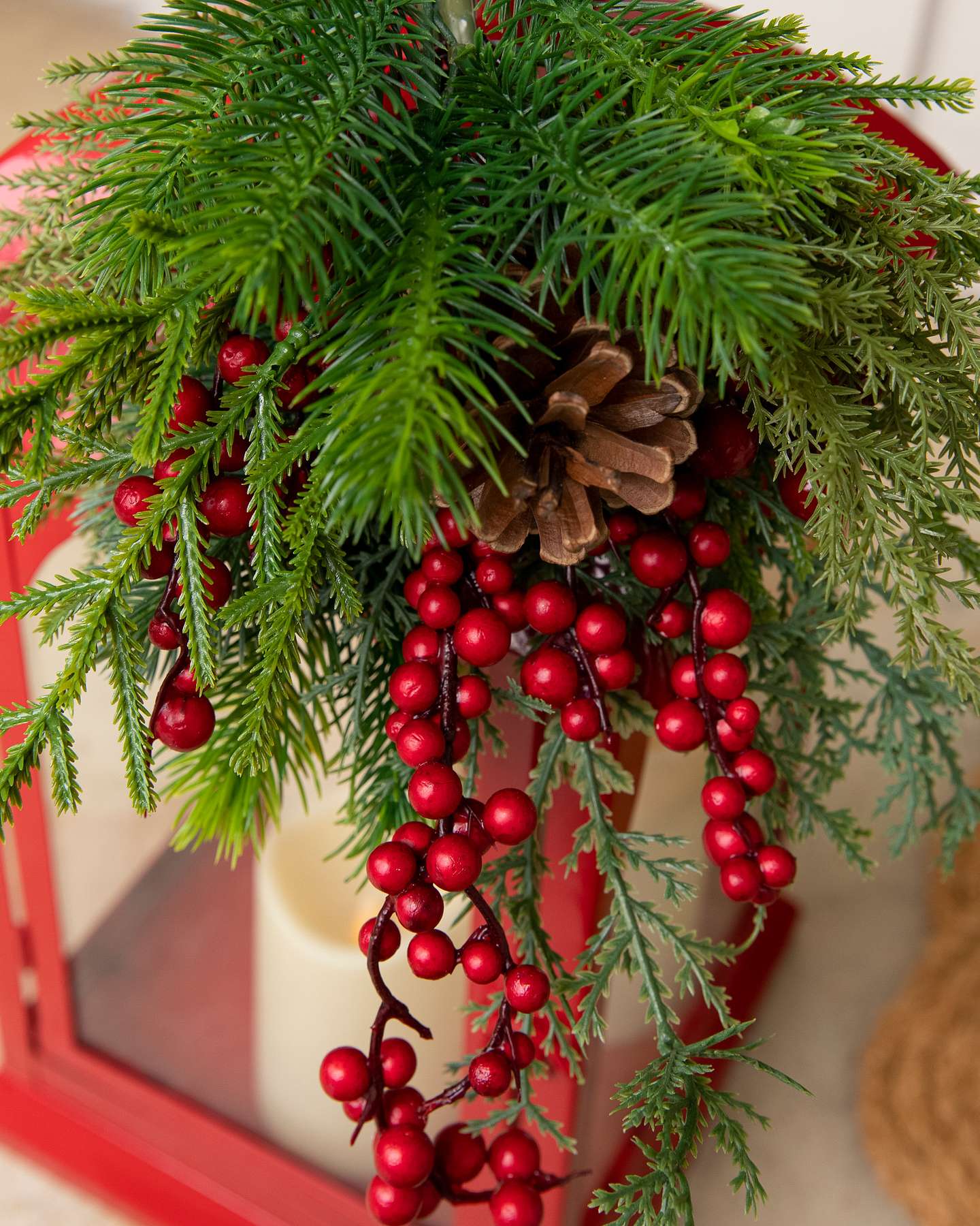 Balsam Hill Red Berry Pinecone Lantern Close-Up 2