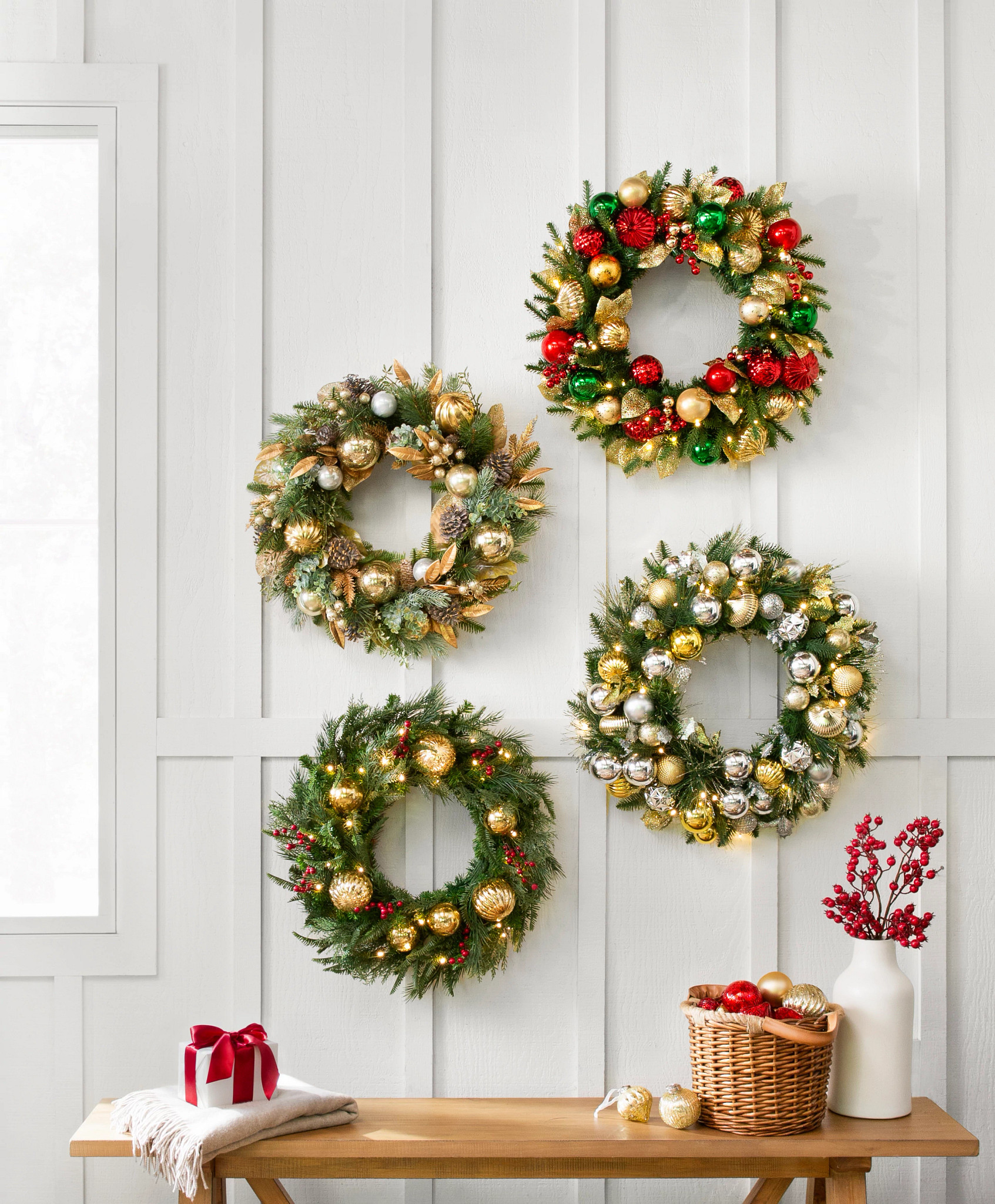 Assorted artificial Christmas wreaths