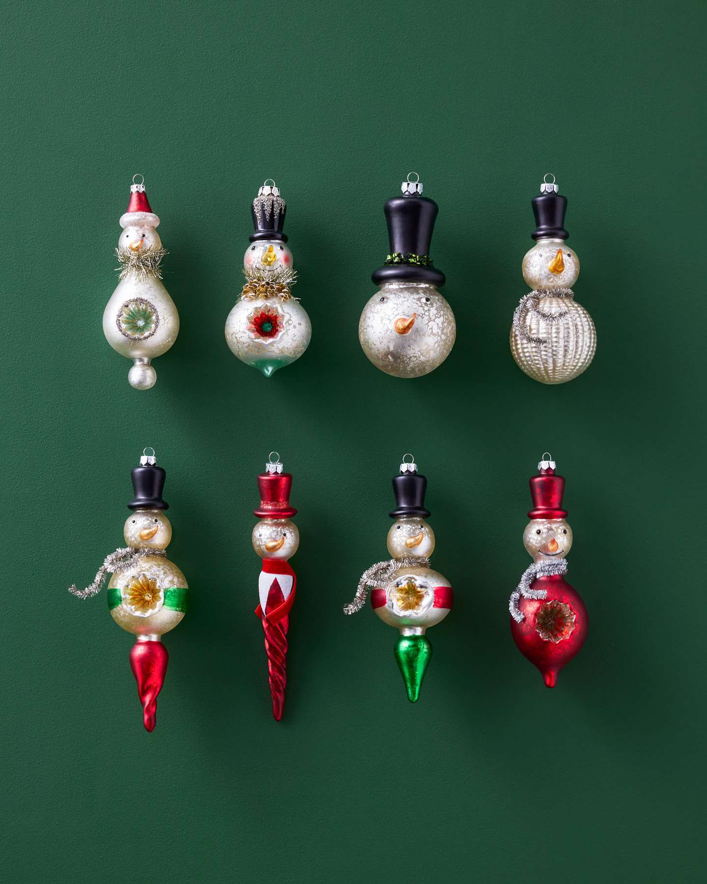 Vintage Holiday Snowman Glass Ornaments, Set of 8