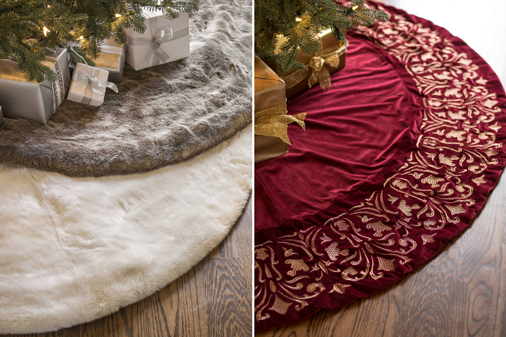 Collage of Christmas trees decorated with faux fur and velvet tree skirts