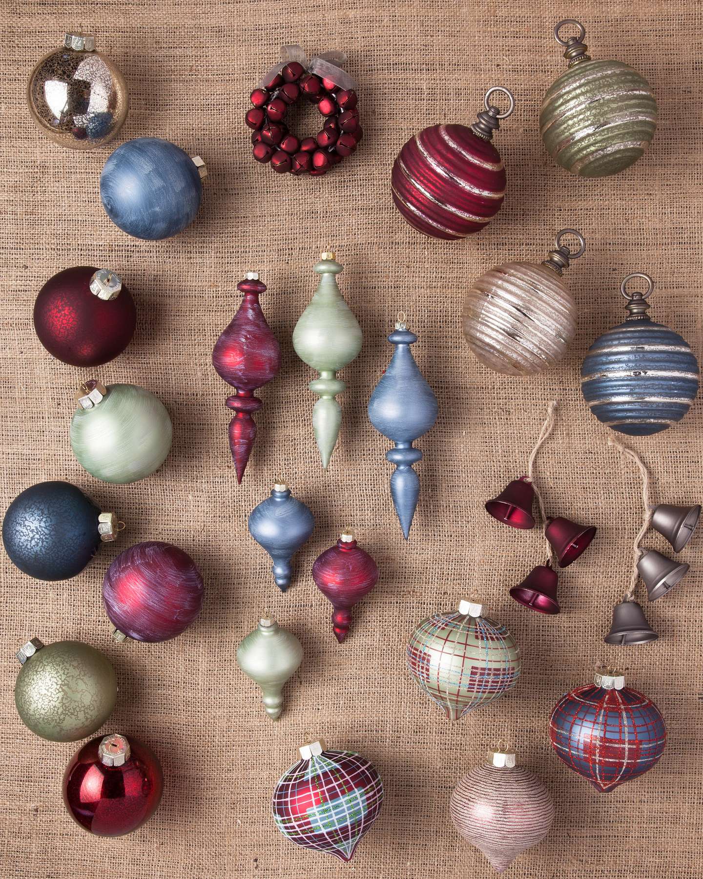 Balsam Hill Farmhouse Christmas Ornament Set of 25 on Rustic Cloth Background