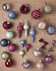 Assorted farmhouse-themed Christmas baubles