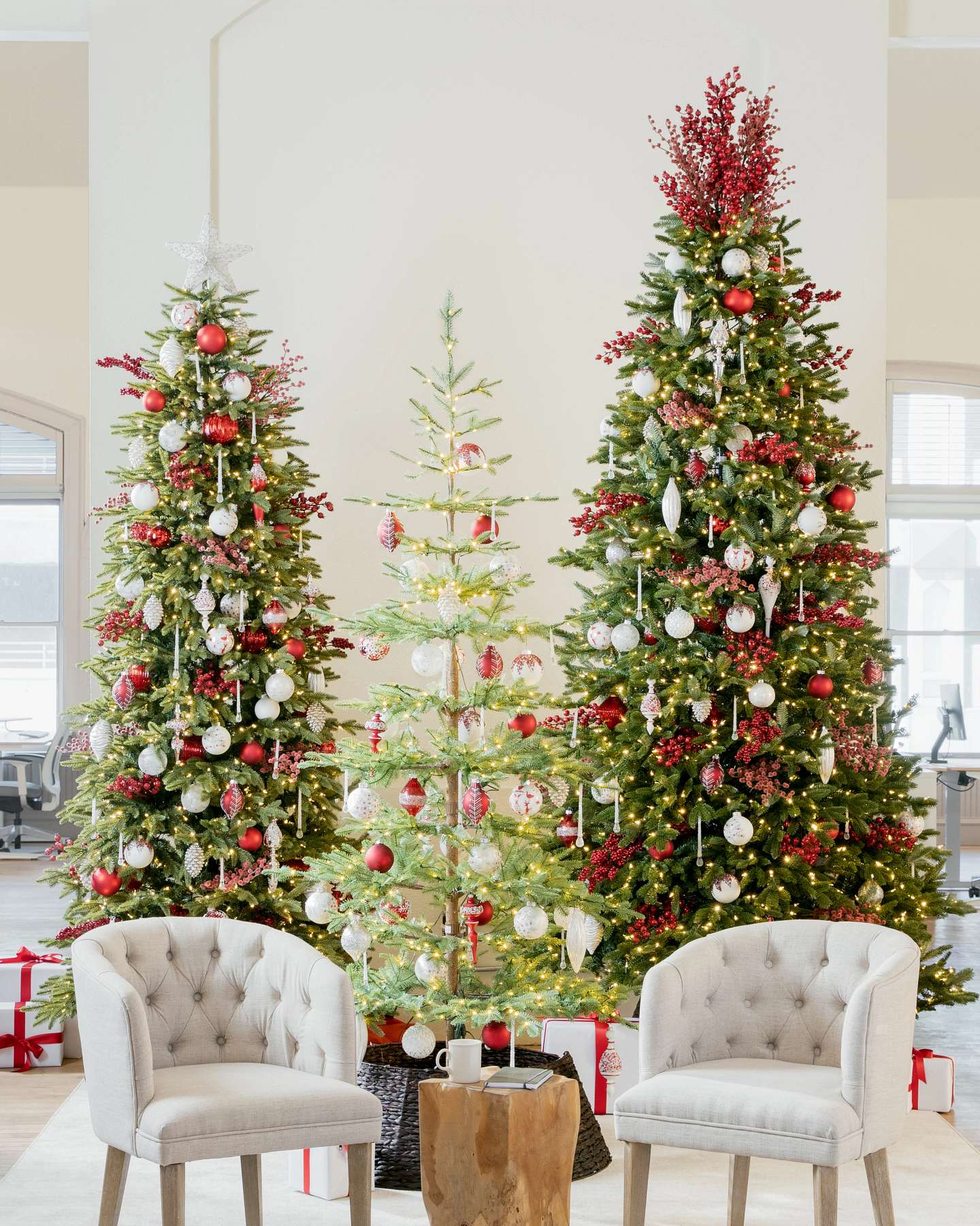 Balsam Hill Alpine Balsam Fir Artificial Christmas Tree Lifestyle Room Display with Other Christmas Trees