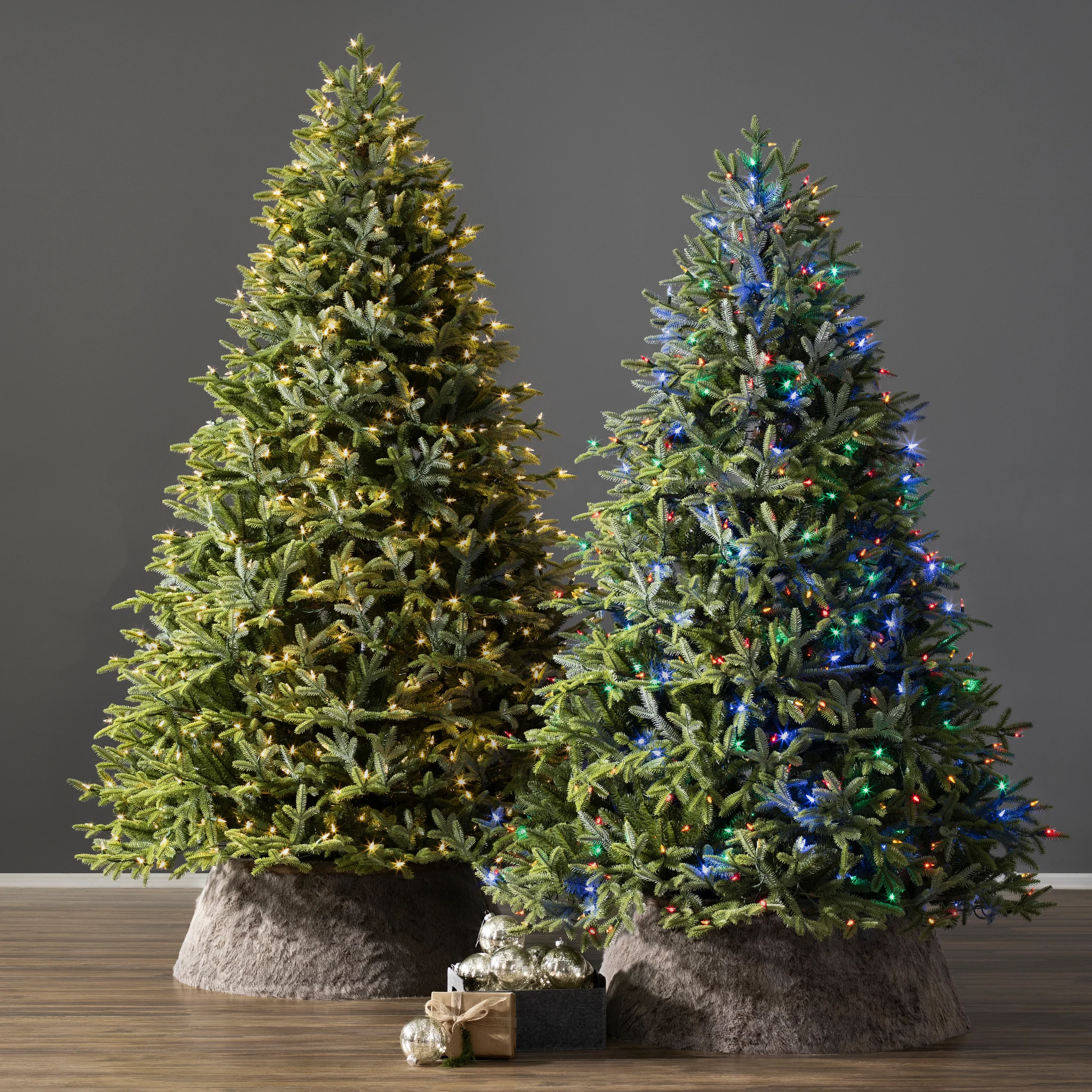 Christmas trees with white and colored lights