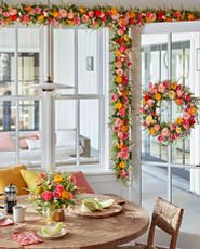 Spring wreath and garland in a dining room