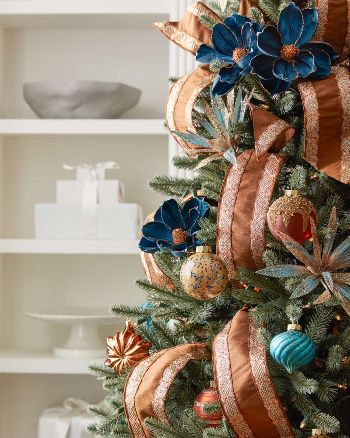 Balsam Hill Blue Spruce Flip Artificial Christmas Tree Lifestyle Display Closeup