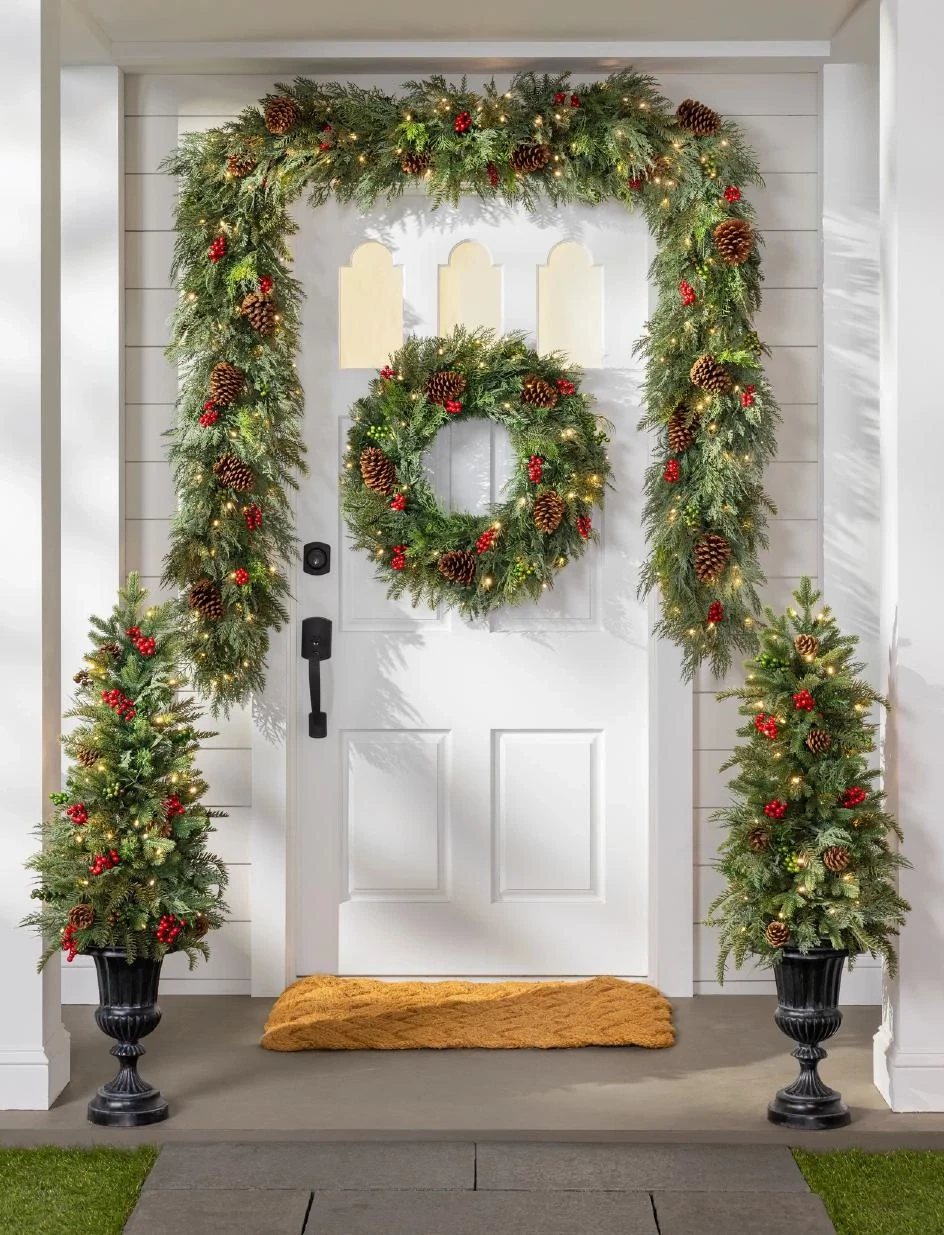 White door with artificial Christmas garland, wreath, and potted trees