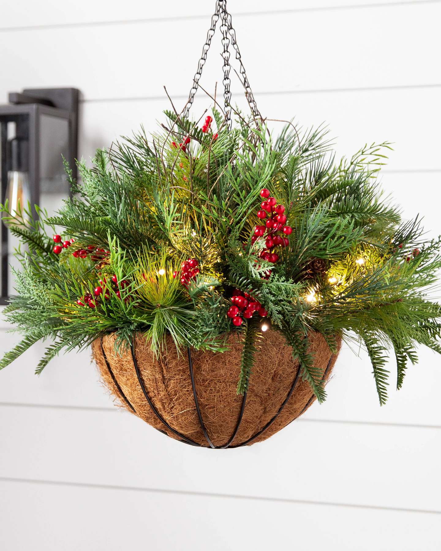Balsam Hill Outdoor Red Berry Pine Artificial Christmas Hanging Basket with LED Lights
