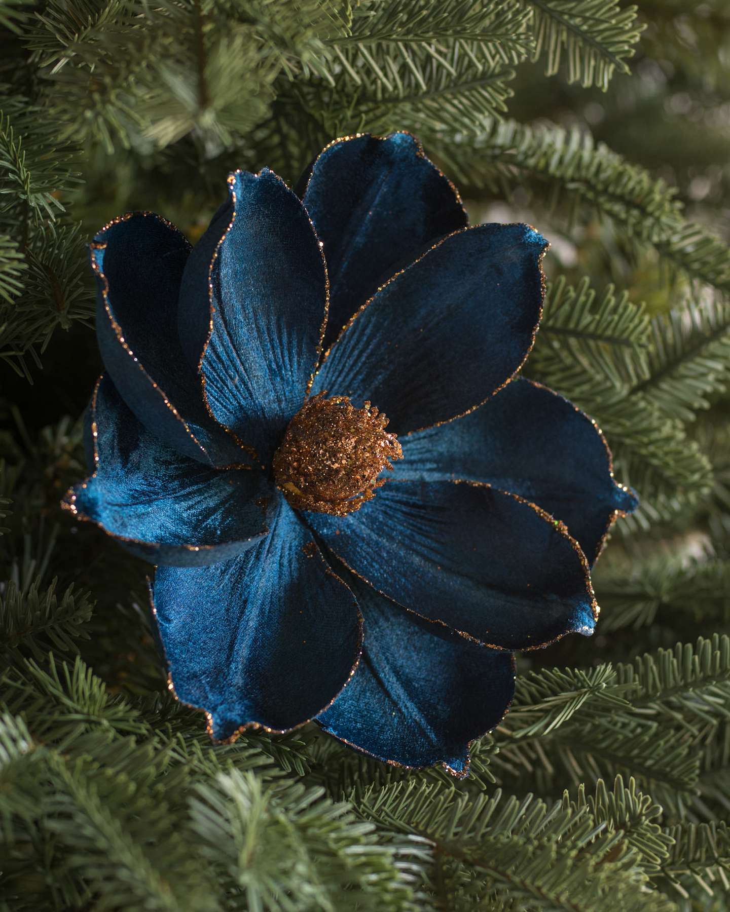 Balsam Hill Navy and Copper Magnolia Artificial Christmas Tree Picks Set of 12 in Studio Setting