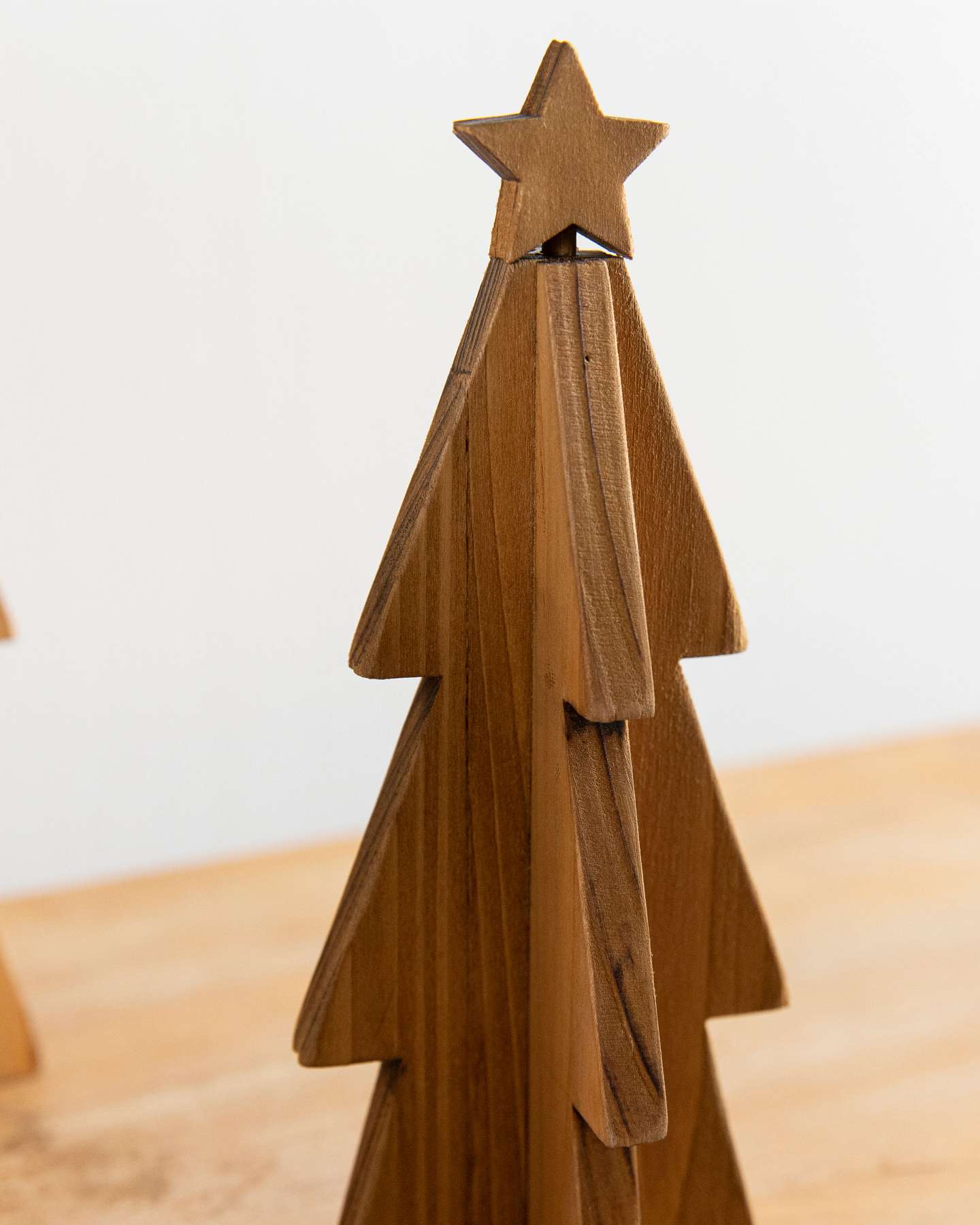Balsam Hill Farmhouse Lit Wooden Village Set of 9 Closeup of Wooden Christmas Tree with Star Topper