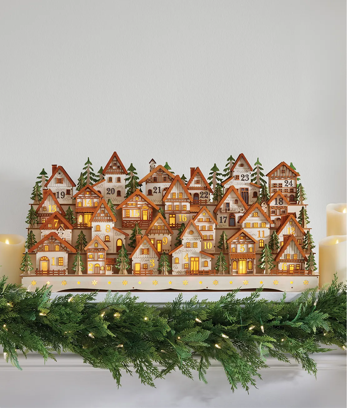Lit Wooden Alpine Village Advent Calendar
