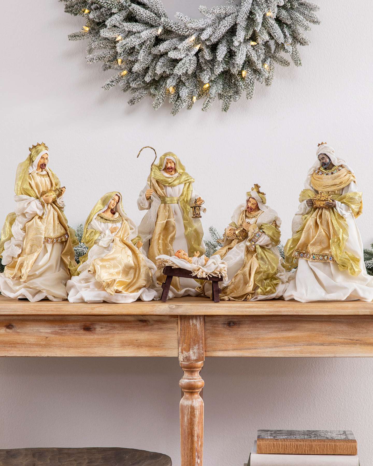Balsam Hill Gold Nativity Scene Set of 6 Displayed on a Table