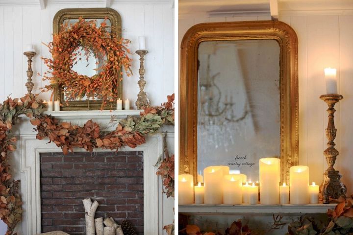 Mantel decorated with a statement mirror and autumn greenery