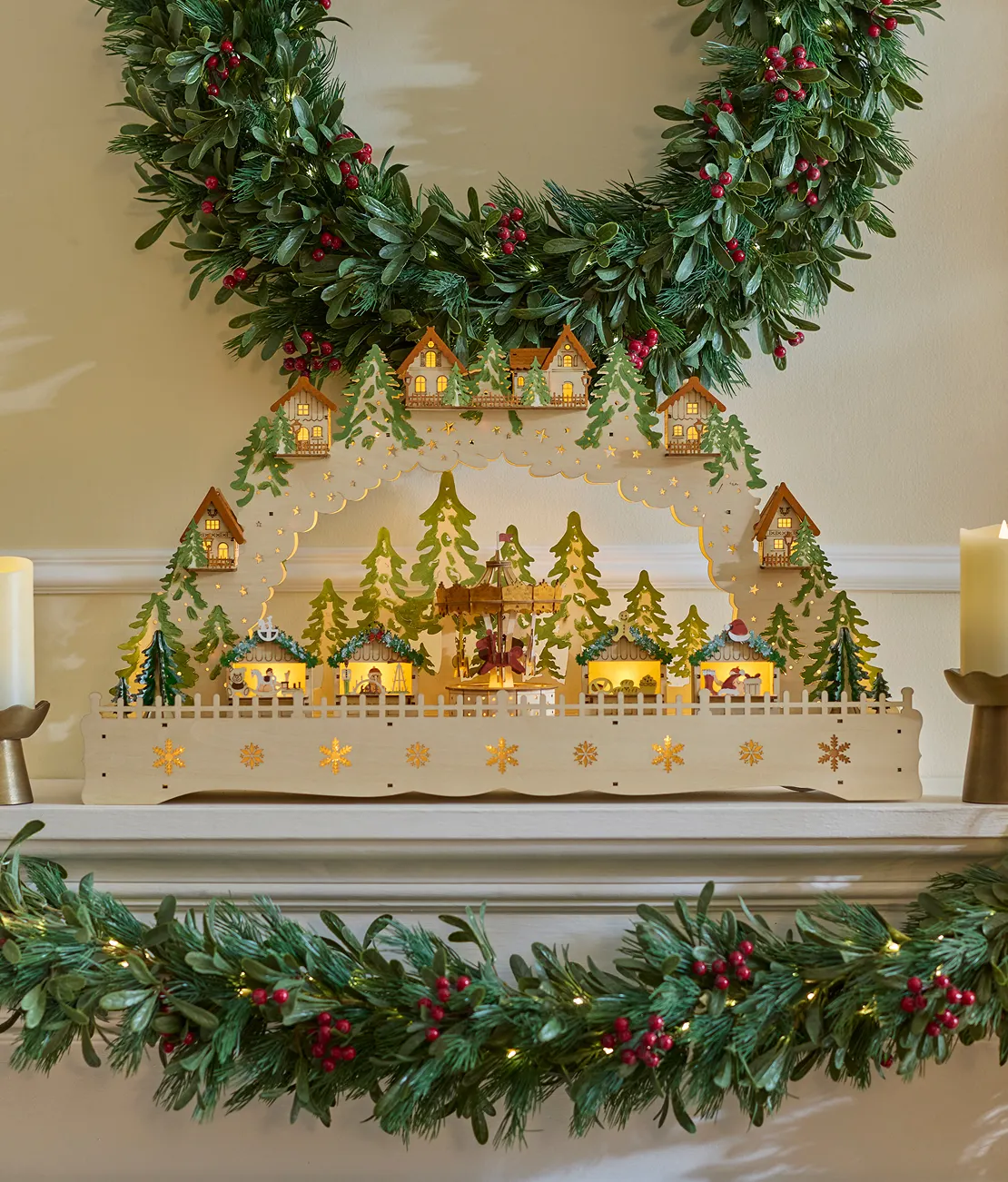 Lit Wooden Animated Holiday Carousel Village
