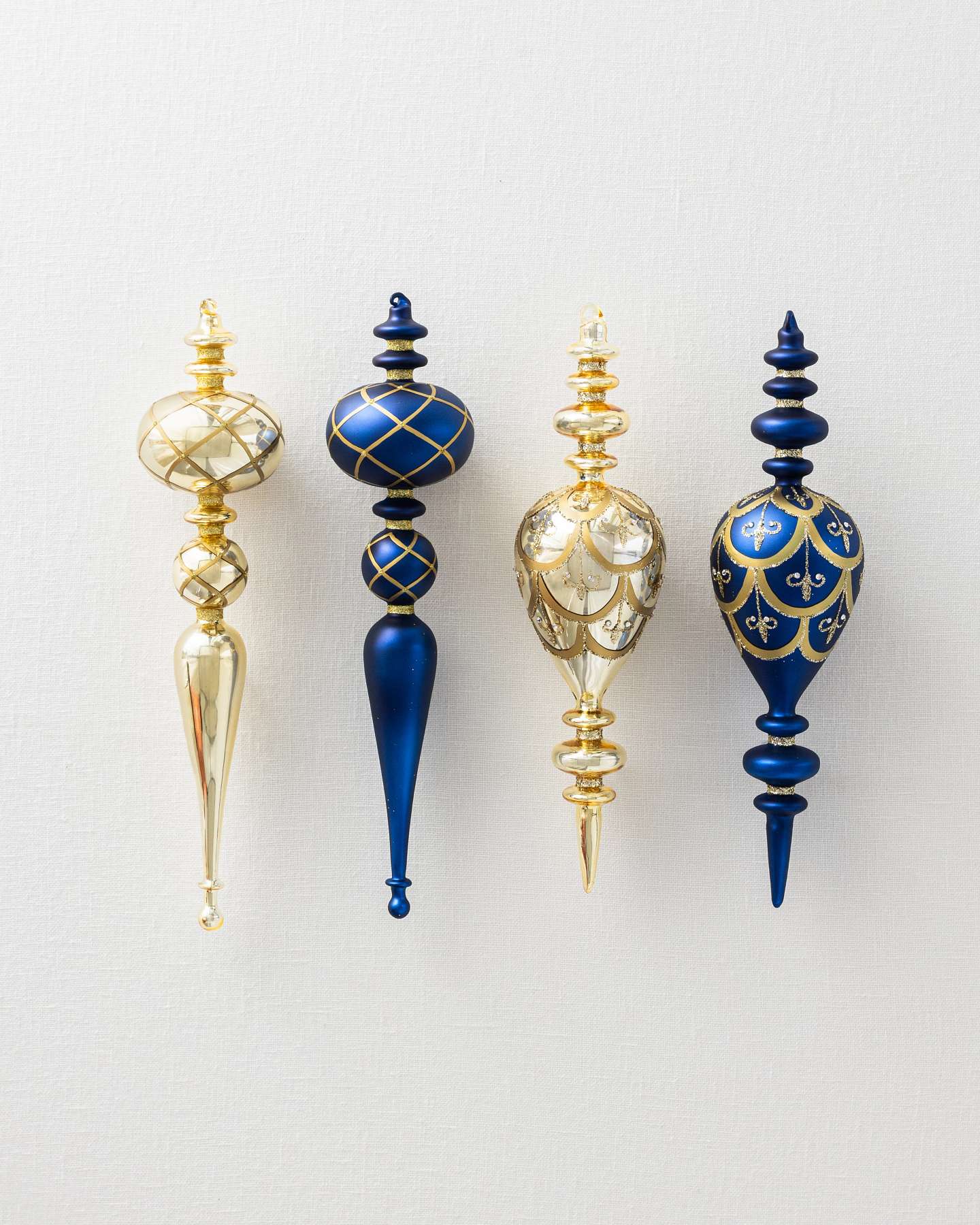 Balsam Hill Sapphire Gold Gilded Glory Glass Finial Artificial Christmas Ornament Set of Four