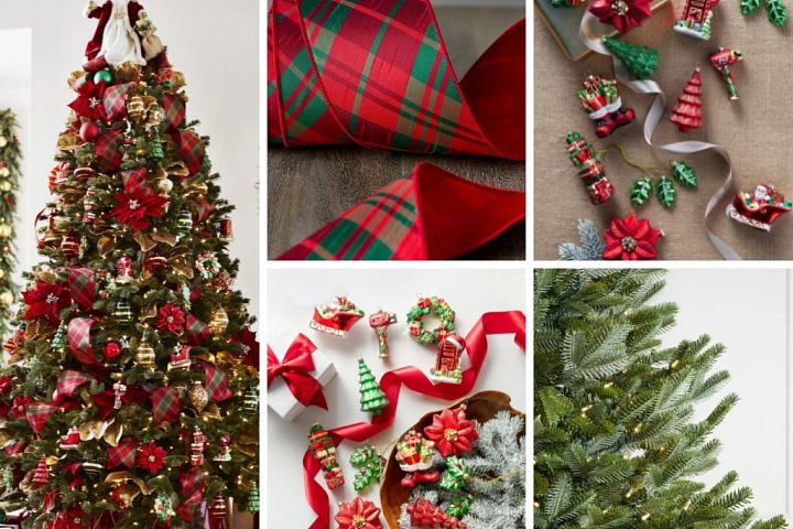 A collage of photos showing a Christmas tree decorated with vertical cascading ribbons