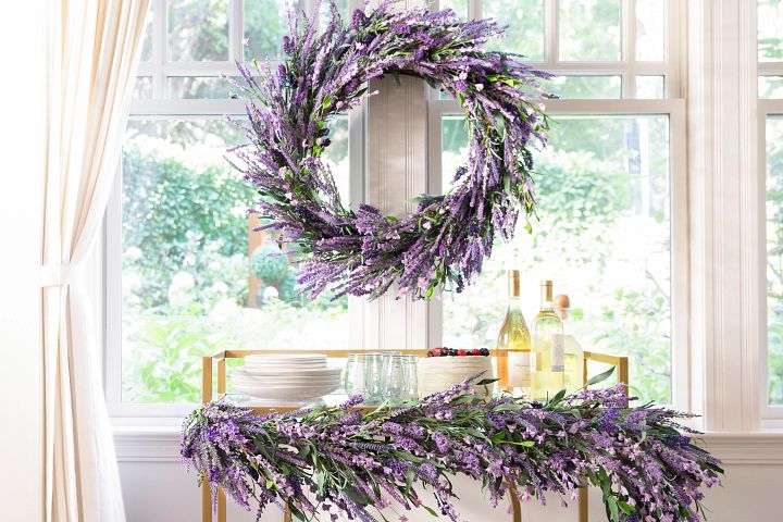 Lavender wreath and garland on bar cart