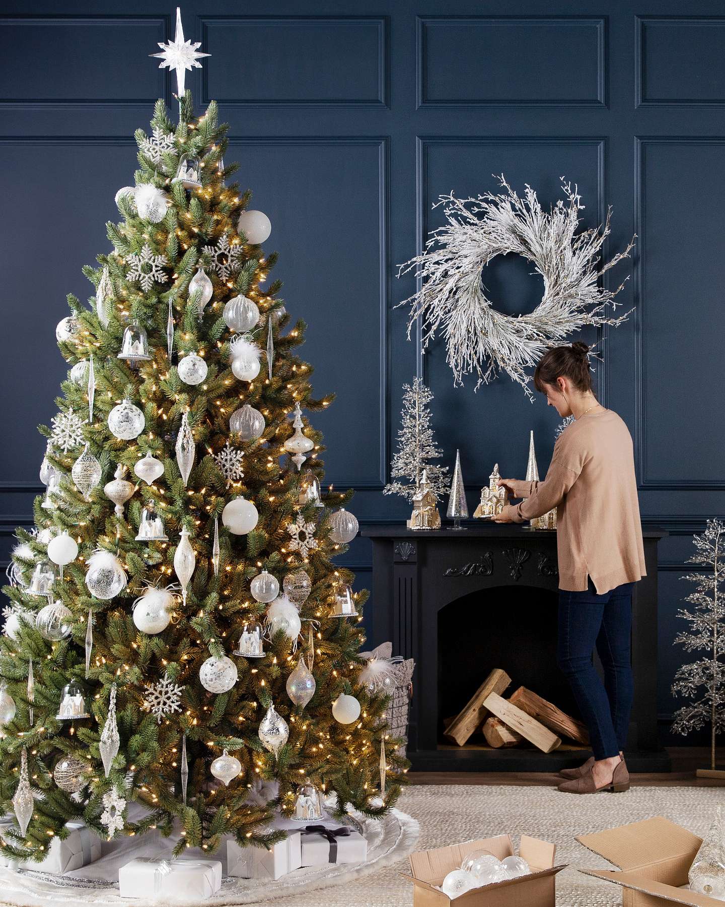 Balsam Hill Winter White Ornament Set Lifestyle Display with Classic Winter Appeal