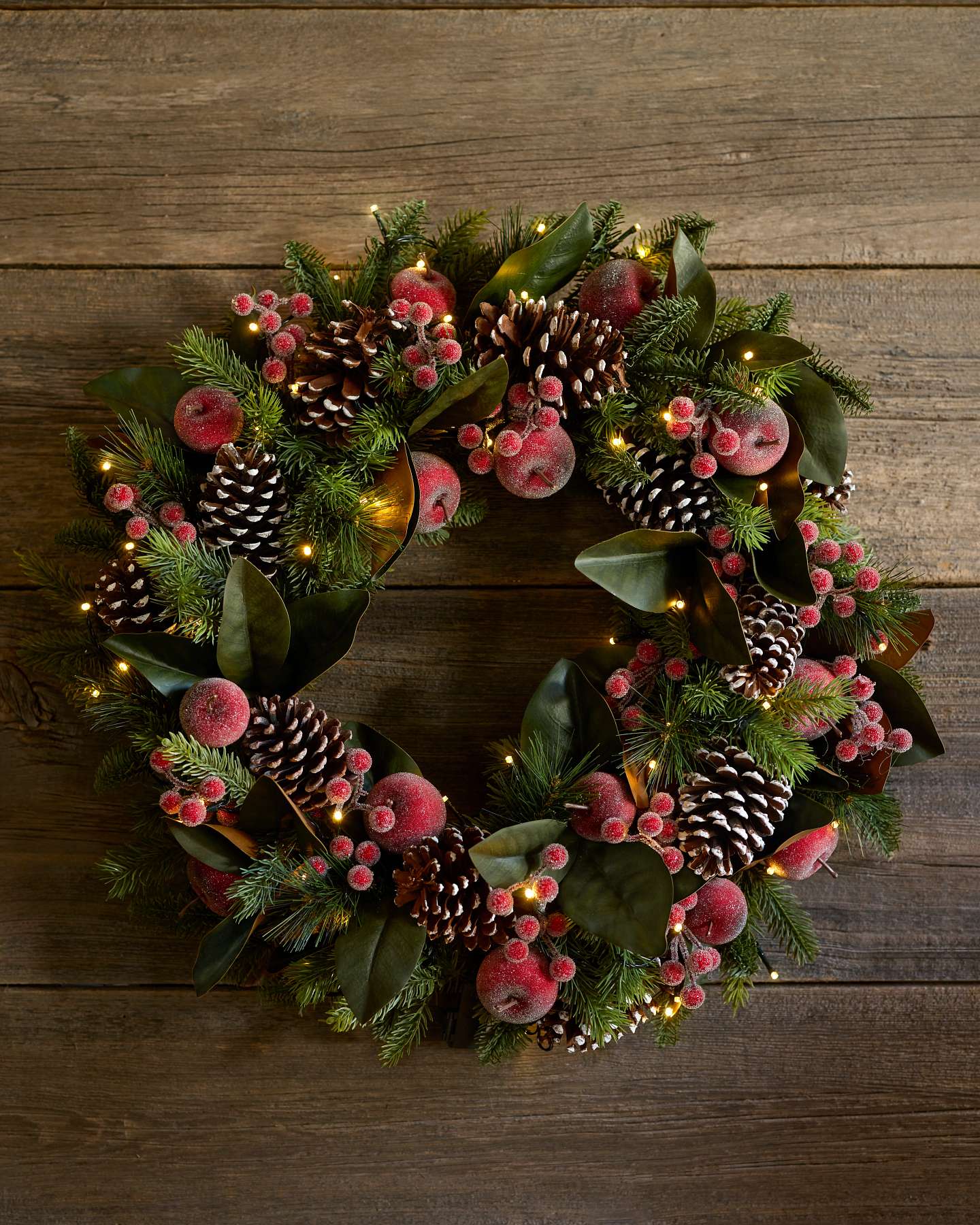 Balsam Hill 26-Inch Holiday Sugared Apple Harvest Artificial Christmas Wreath LED Lights Full Display with Rustic Background