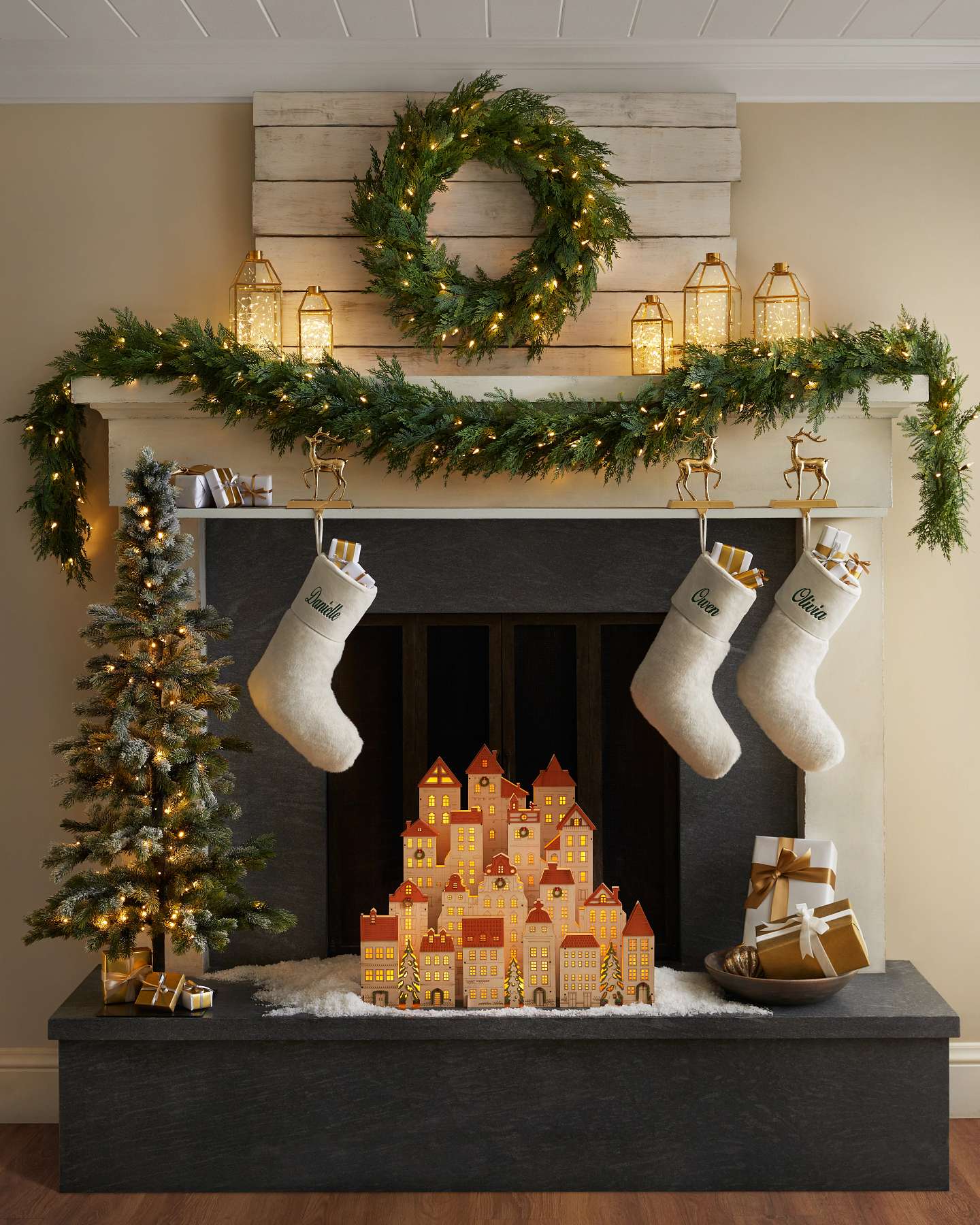 Balsam Hill Cedar Woods Artificial Christmas Foliage Lifestyle Fireplace Display