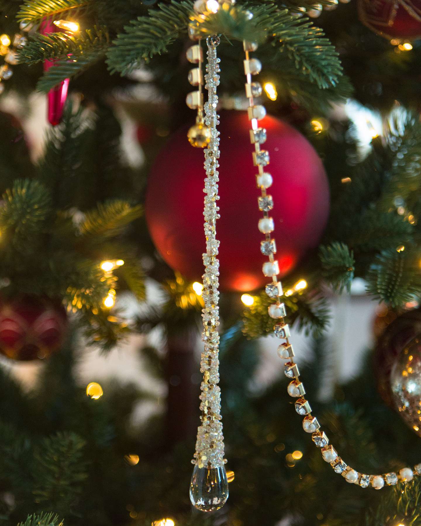 Balsam Hill Icy Teardrop Ornaments Lifestyle Showcasing Sparkling Crystal-Like Detail