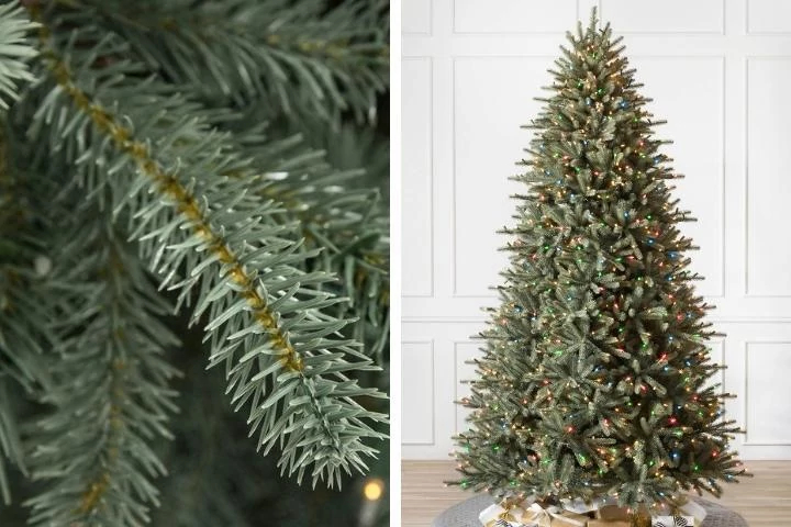 A collage featuring a close-up shot and a full shot of Balsam Hill's BH Blue Spruce Flip Tree