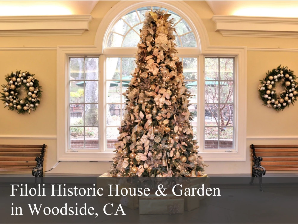Filoli Historic House and Garden lobby holiday decorating and commercial Christmas tree by Balsam Hill