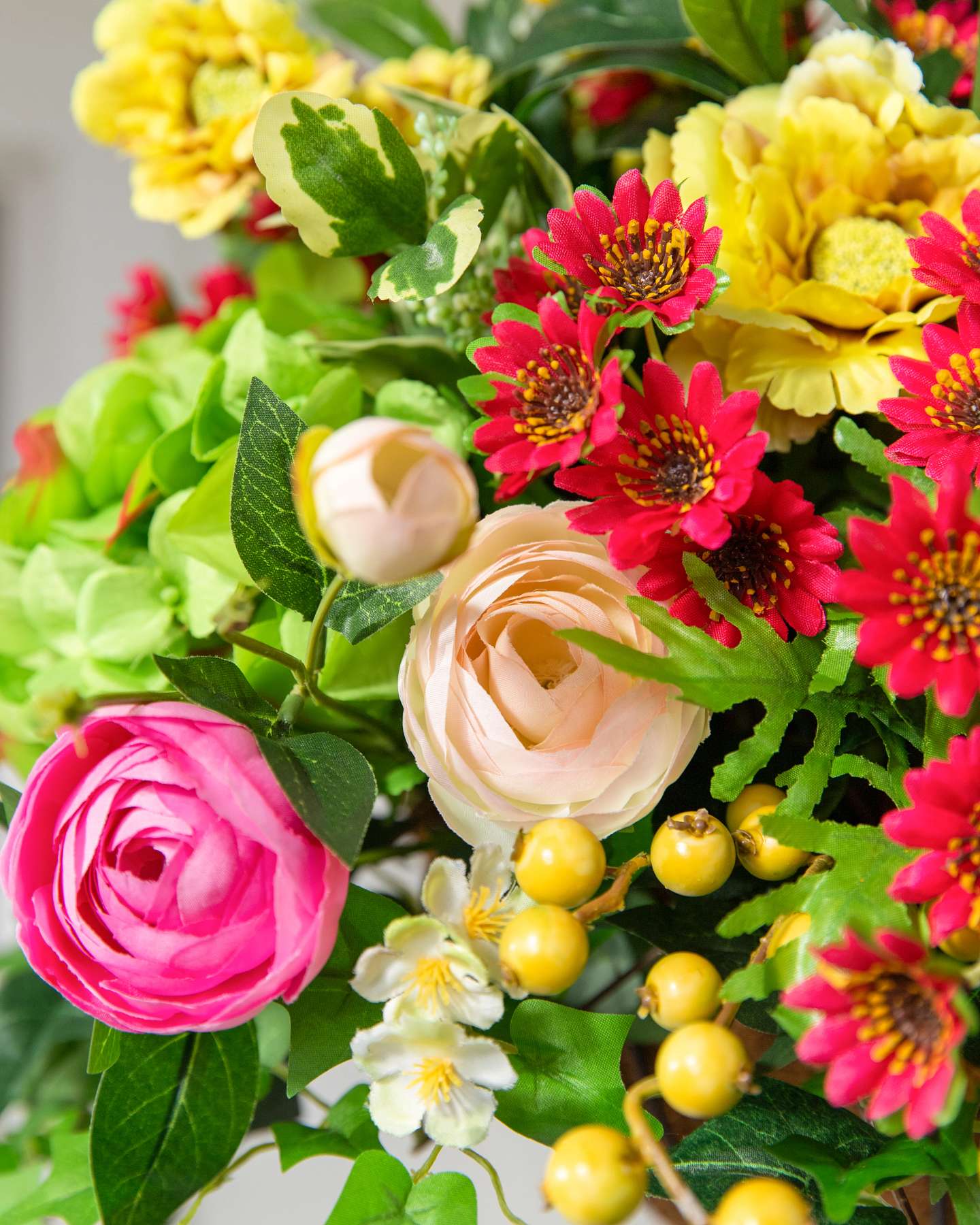 Balsam Hill Outdoor Vivid Blooms Artificial Spring Hanging Basket Closeup of Colorful Floral Display