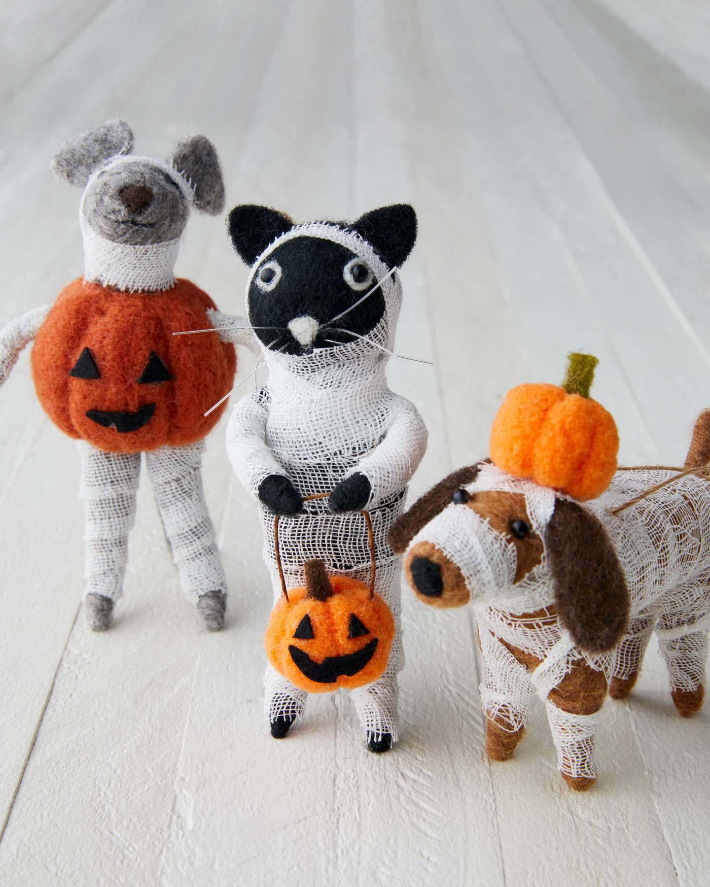 Balsam Hill Trick Or Treat Mummy Critters Felt Artificial Christmas Ornament Set Close-Up