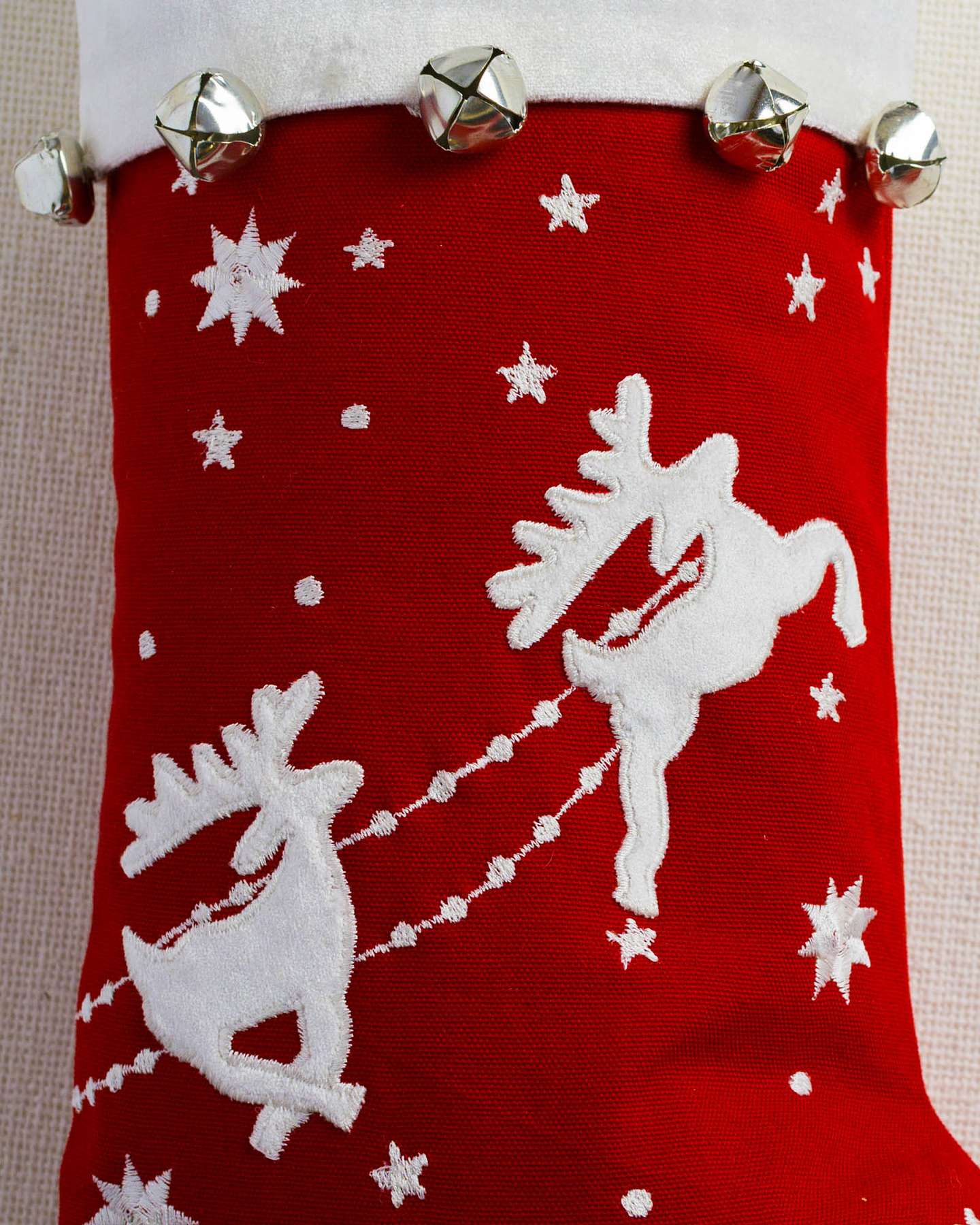 Balsam Hill Dashing Through The Snow Flying Reindeer Christmas Stocking Closeup