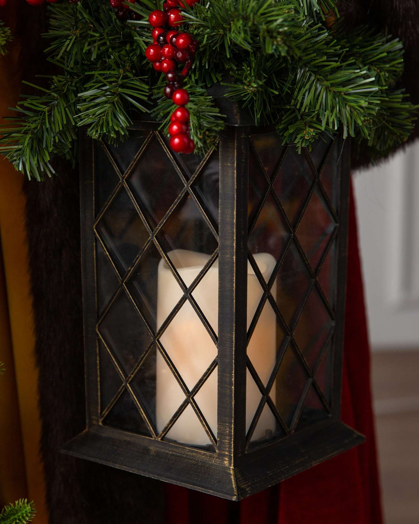 Balsam Hill Holiday Adventure Black Life Size Santa with Black Trim 6 Foot Lantern Closeup