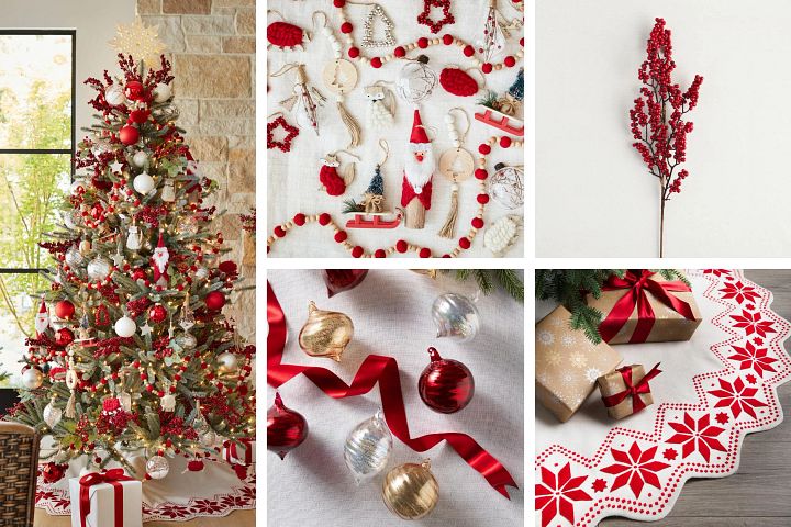 Photo collage of artificial Christmas tree decorated with red and white ornaments, red berry picks, and a red-and-white scalloped tree skirt
