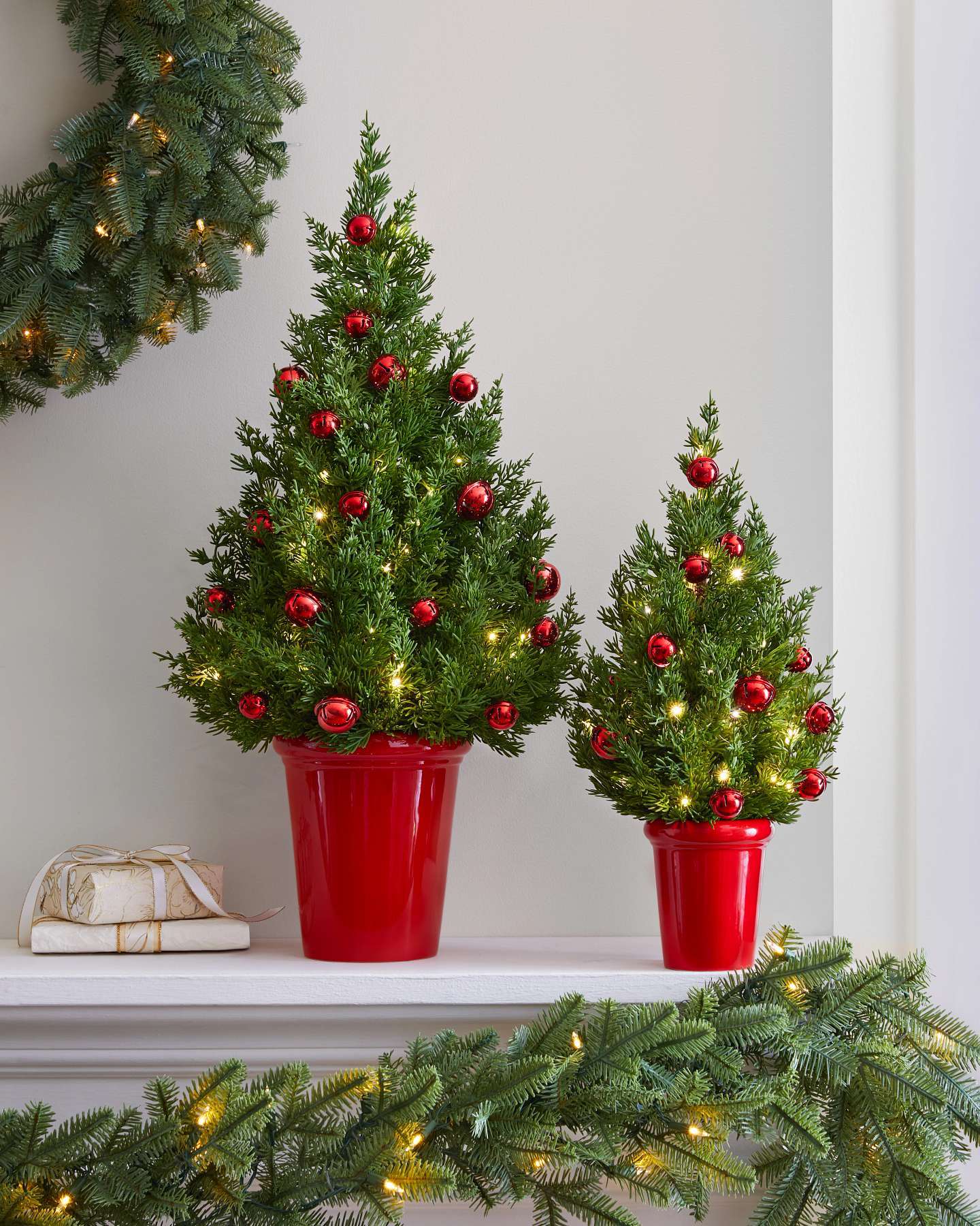 Jingle Bells Potted Pine Trees, Set of 2