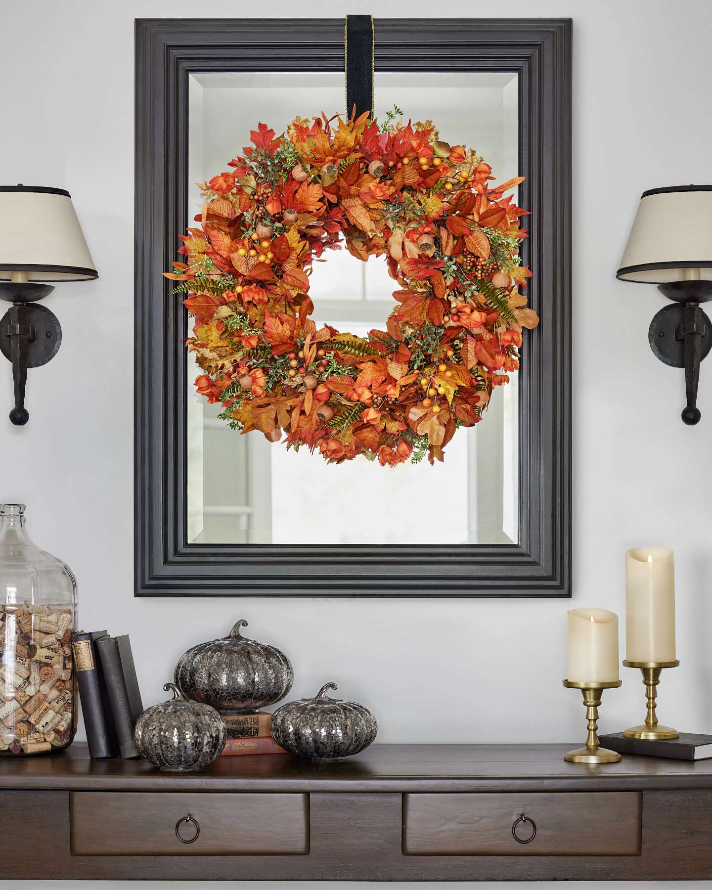 Balsam Hill Mirrored Mosaic Pumpkins Displayed on Tabletop with Autumn Accents