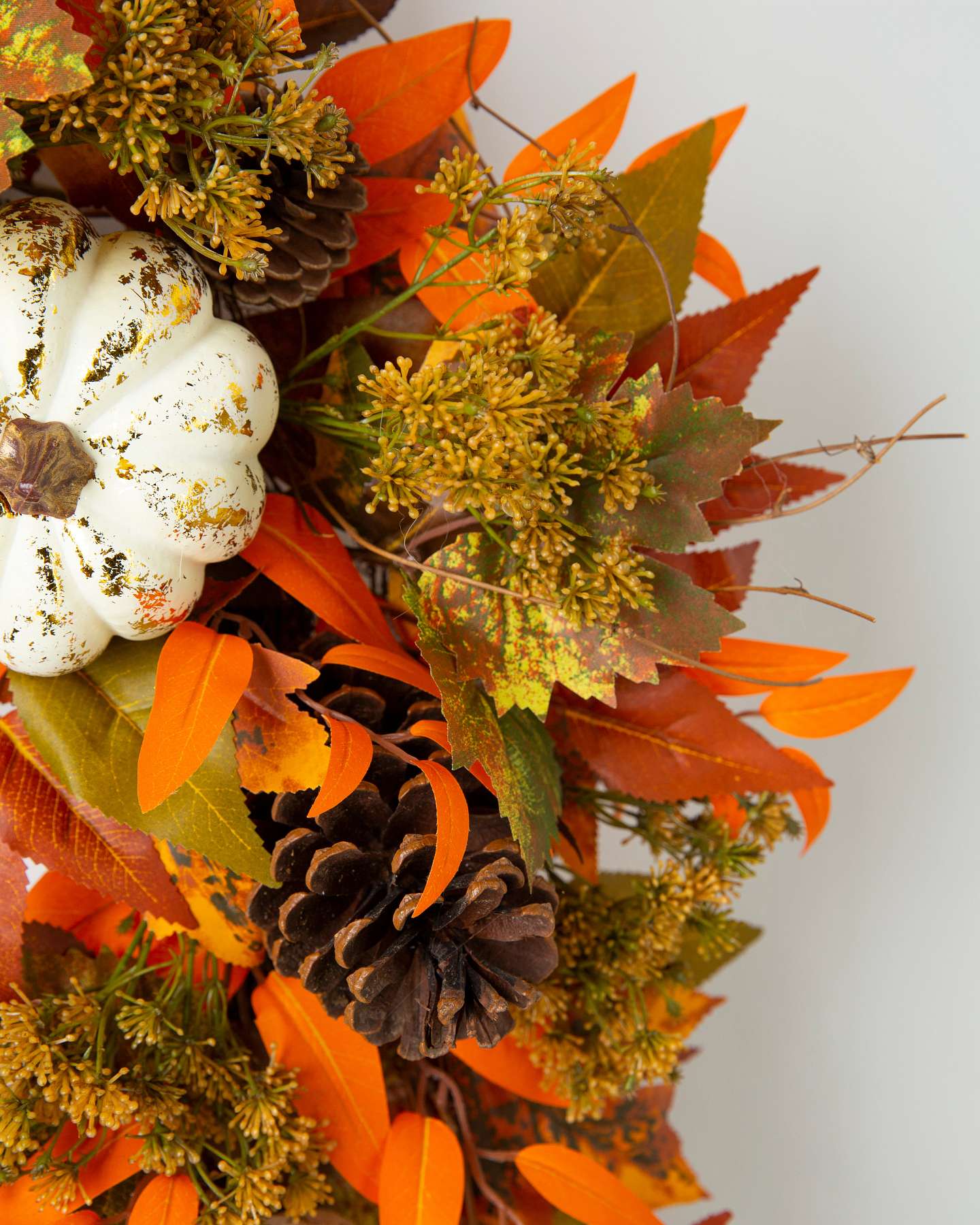 Balsam Hill Fall Medley Artificial Wreath Unlit Foliage Closeup with Pumpkin
