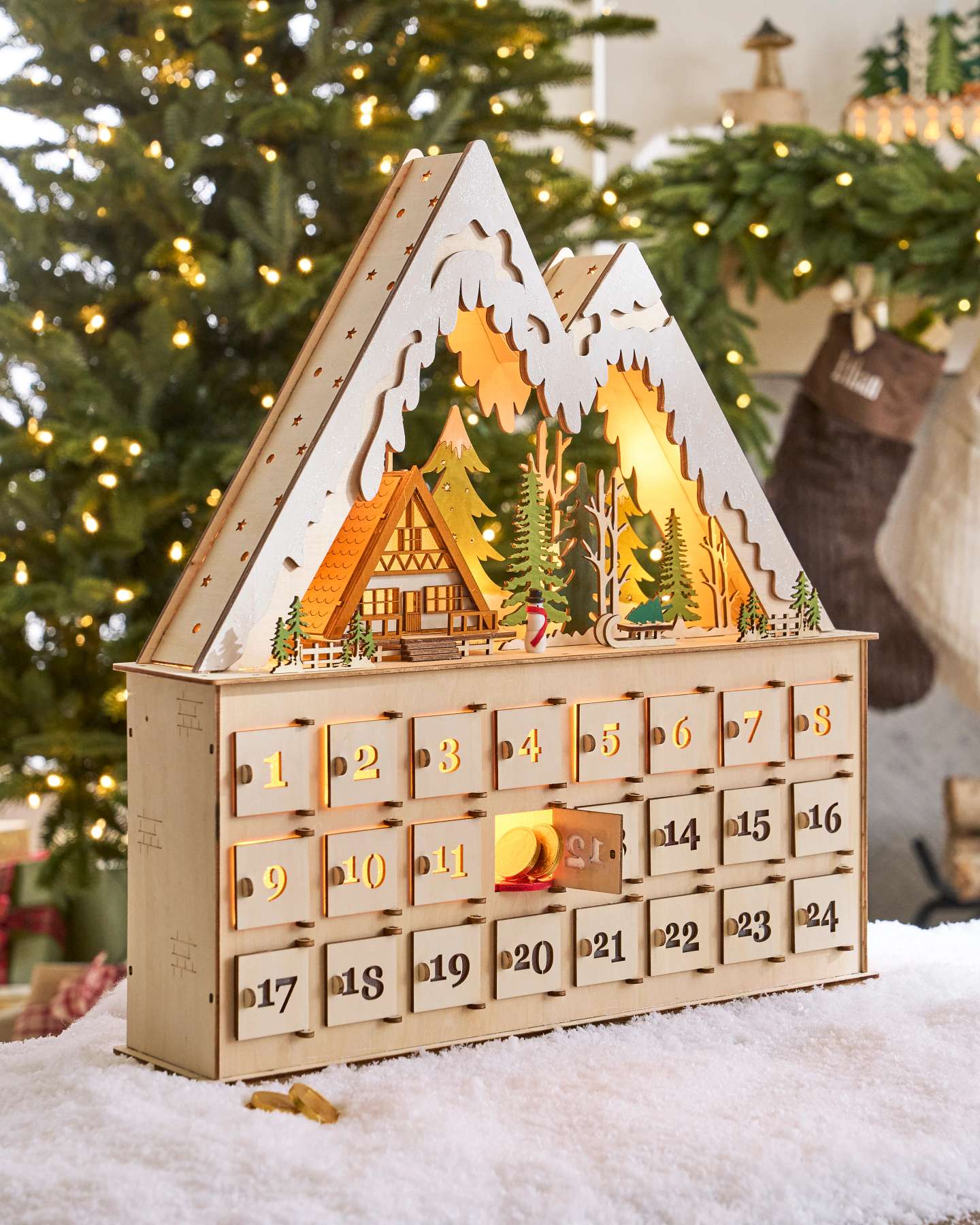 Lit Wooden Snowy Cabin Advent Calendar