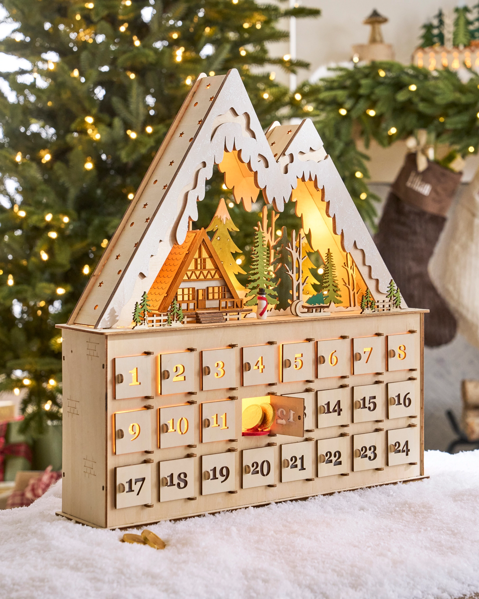 Lit Wooden Snowy Cabin Advent Calendar | Balsam Hill