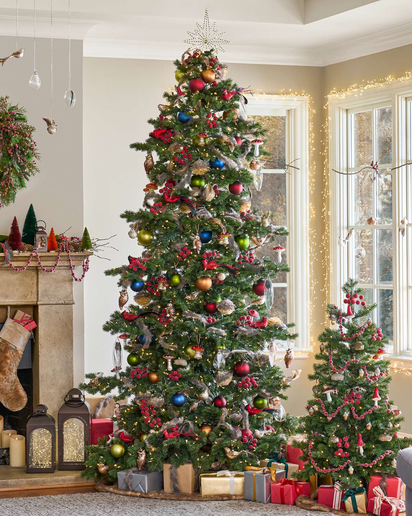 Balsam Hill Yukon Spruce Artificial Christmas Tree Decorated with Ornaments and Gifts