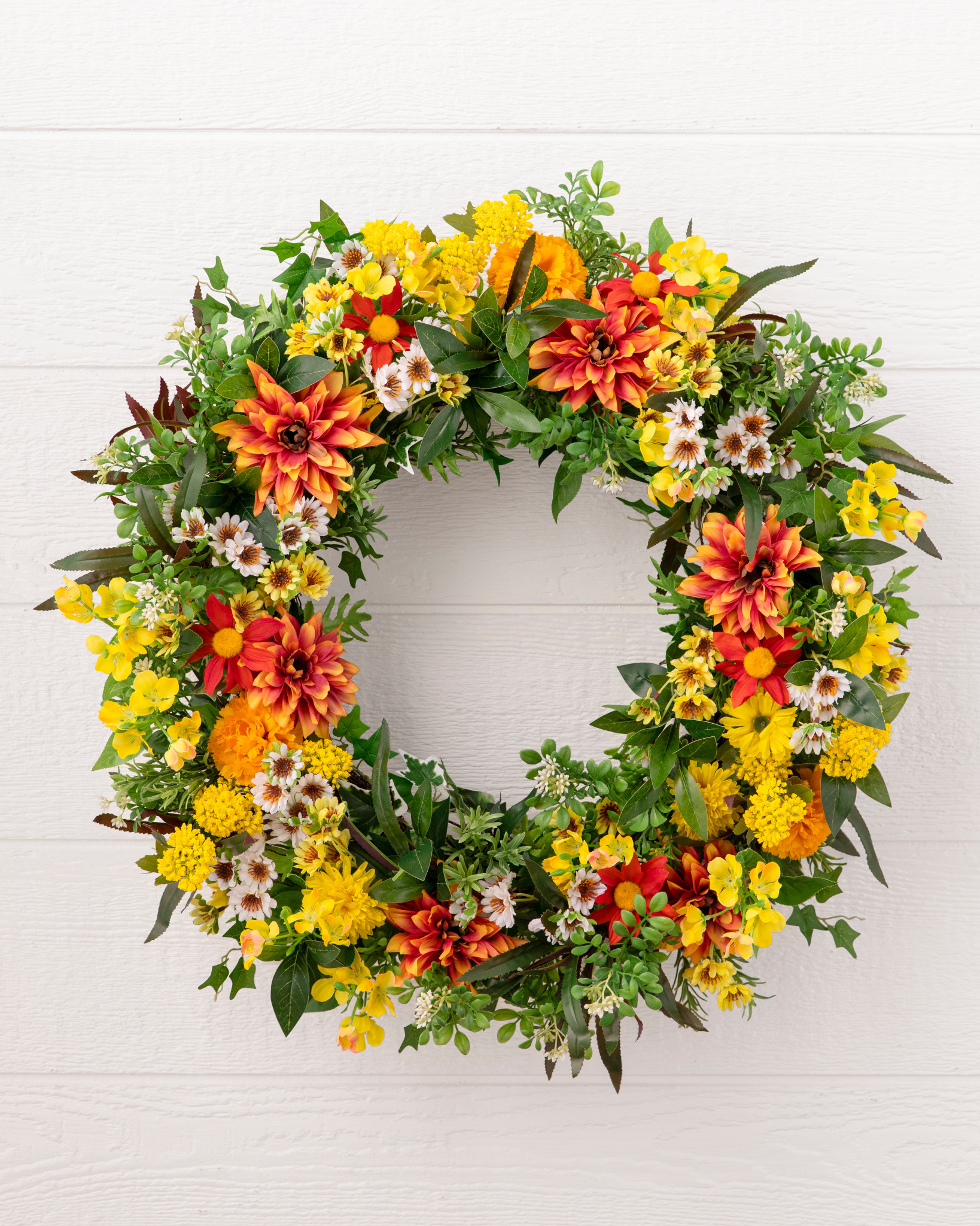 Outdoor Sunrise Dahlia Artificial Wreaths | Balsam Hill