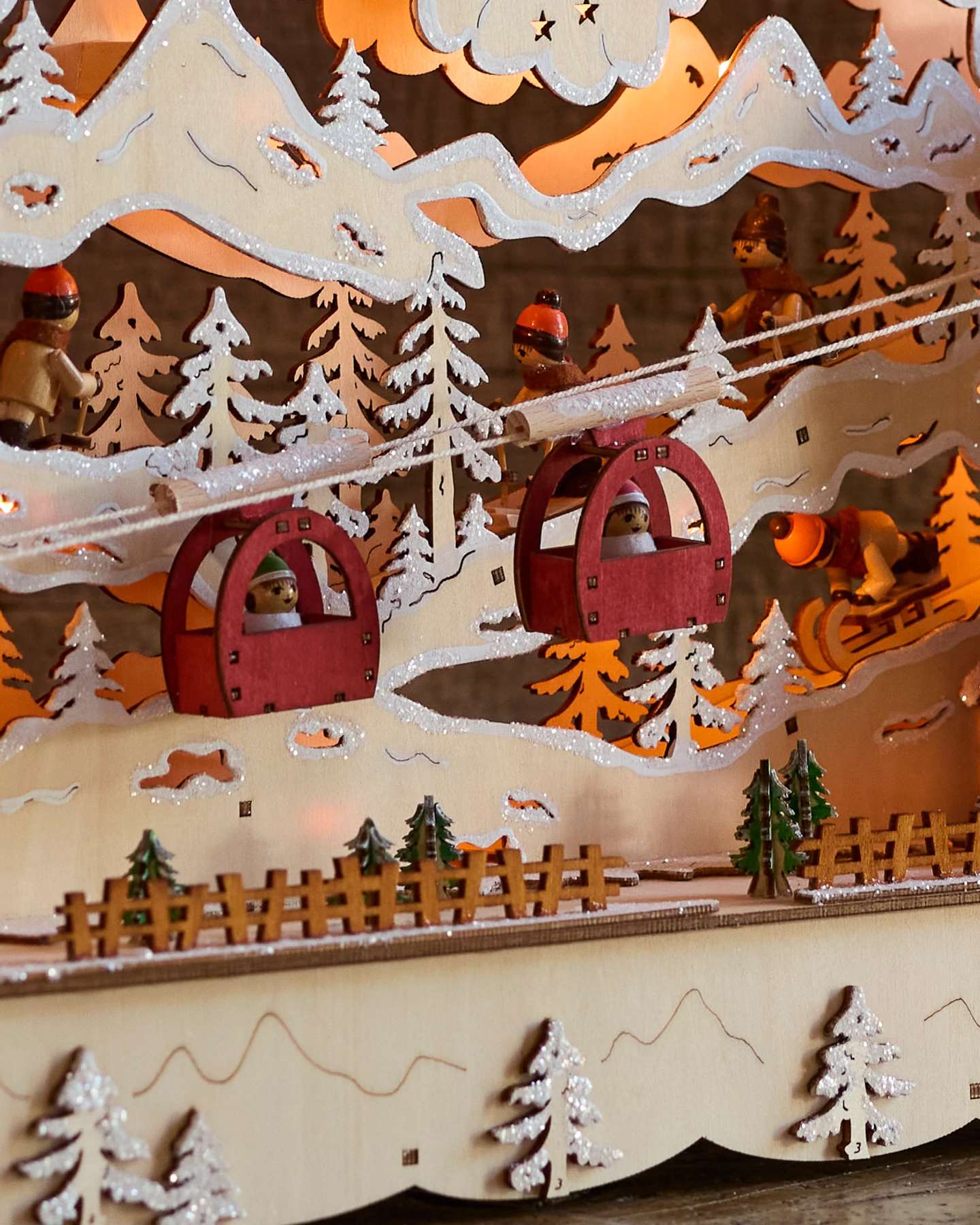 Balsam Hill Lit Wooden Animated Ski Resort Scene Close-Up with Lights
