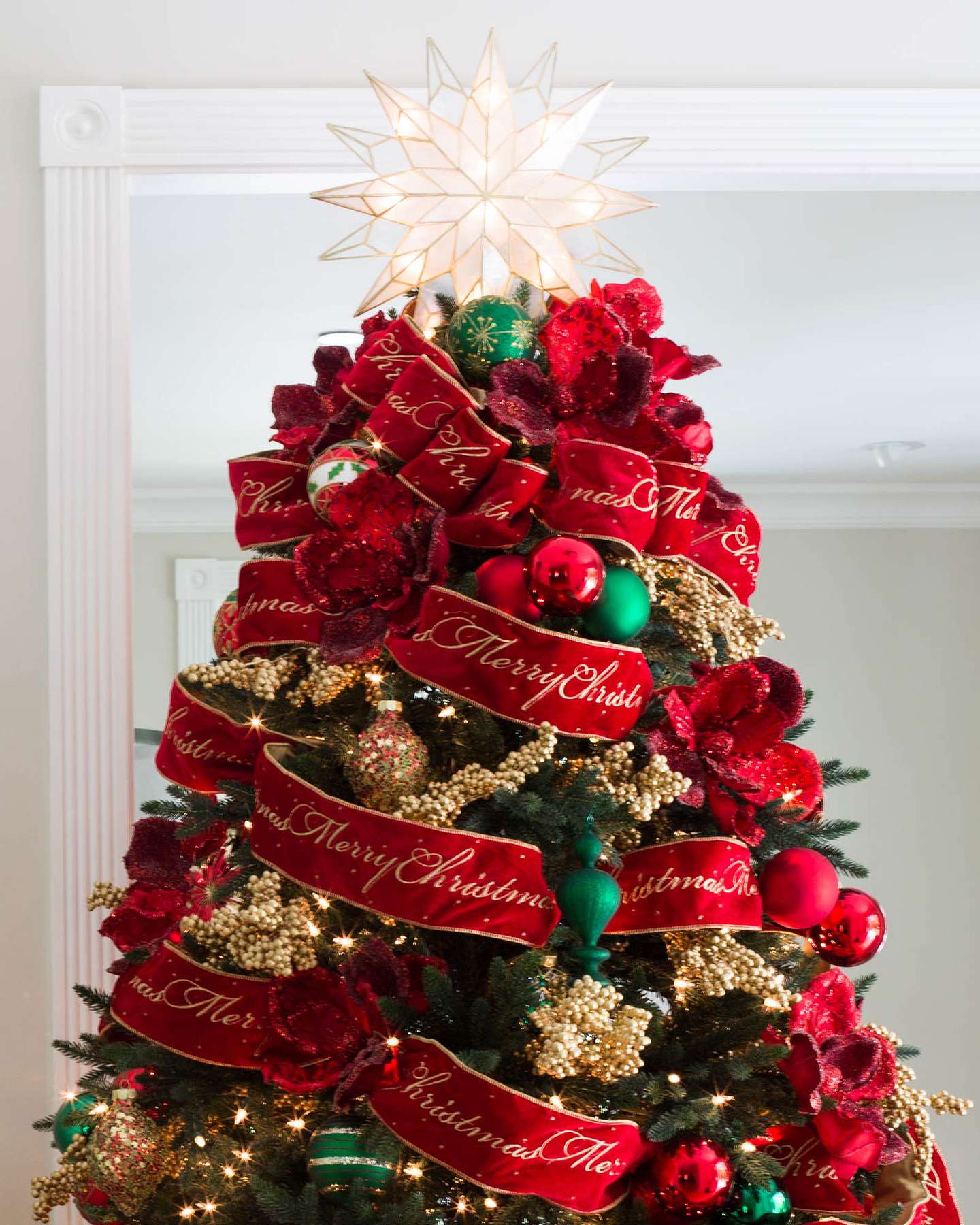 Balsam Hill Red Glitter Magnolia Artificial Christmas Tree Picks Set of 12 Lifestyle Display